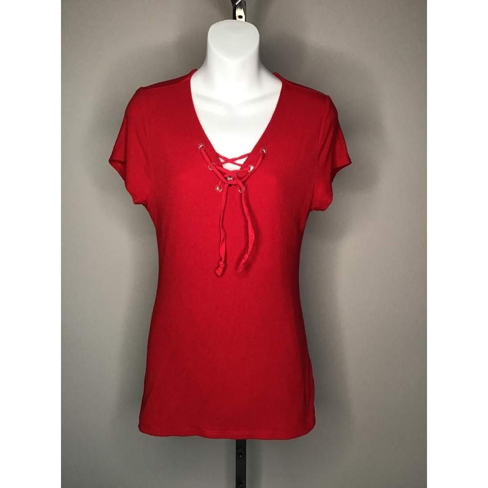 Y2K INC Red Ribbed Lace Up V-Neck Short Sleeve Top Large Fairy Grunge Streetwear